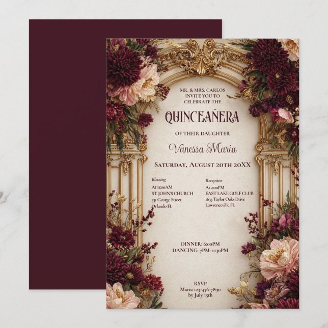 Invitation gothique florale lunatique pour Quincea (Devant / Derrière)