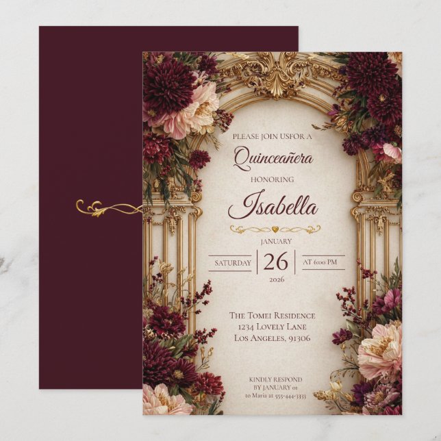 Invitation gothique florale lunatique pour Quincea (Devant / Derrière)