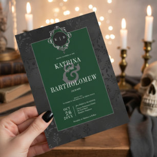 Invitation Gothique foncé Noir Floral Satin Damas Vert