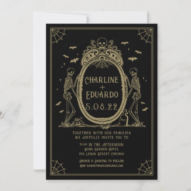 Invitation Gothique Hallomariage Gold Squelette Mariage (Devant)