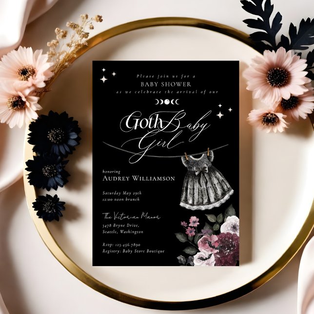Invitation Gothique Halloween robe noire Goth Baby shower fil (Gothic Halloween Black Dress Goth Girl Baby Shower Invitation (Front))