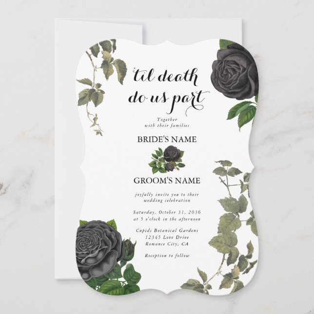 Invitation Gothique Halloween Rose noir Mariage blanc (Devant)
