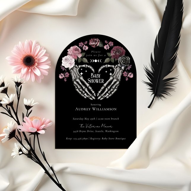 Invitation Gothique Halloween Squelette Mains Baby shower coe (Gothic Halloween Skeleton Hands Heart Baby Shower Invitation)