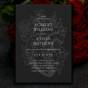 Invitation Gothique Handfasting Black Floral Heart Élégant