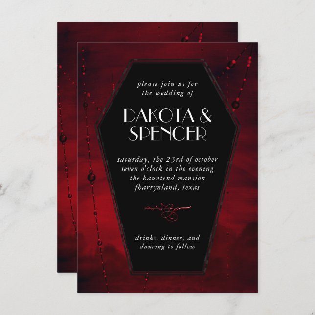 Invitation Gothique Luxe | Mariage de café rouge noir et sang (Devant / Derrière)