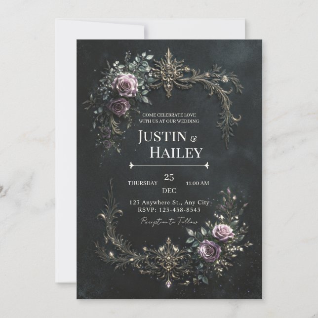 Invitation Gothique Mariage Filigrane Rose Or Violet (Devant)