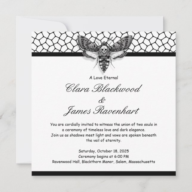 Invitation Gothique Moth Mariage crâne - noir et blanc (Devant)