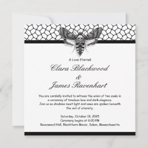 Invitation Gothique Moth Mariage crâne - noir et blanc