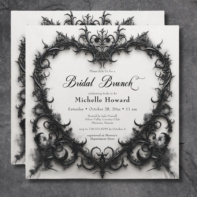 Invitation Gothique Noir & Blanc Filigree Heart Bridal Brunch (Gothic Black & White Filigree Heart Bridal Brunch Invitation)