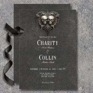 Invitation Gothique Noir & Blanc Skuls & Mariage Coeur