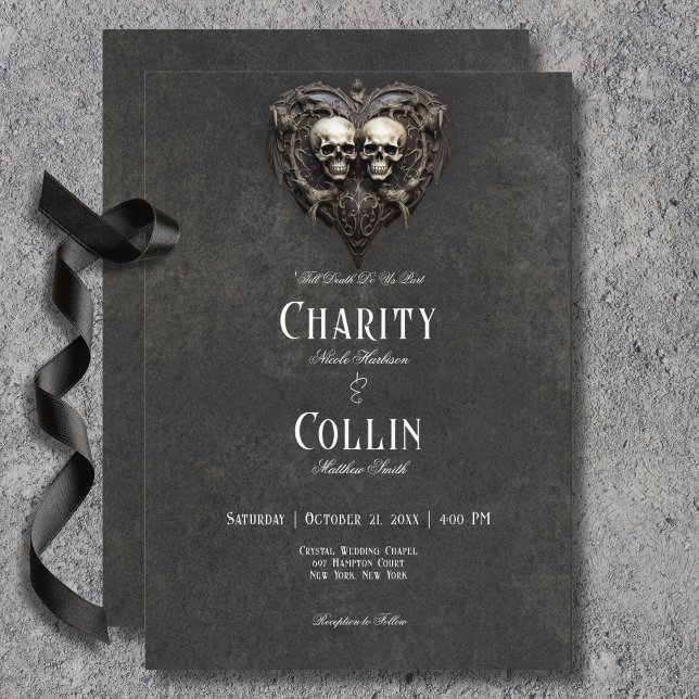 Invitation Gothique Noir & Blanc Skuls & Mariage Coeur (Gothic Black & White Skulls & Heart Wedding Invitation)