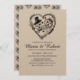 Invitation Gothique Noir Blanc Squelette Mariage Doodle