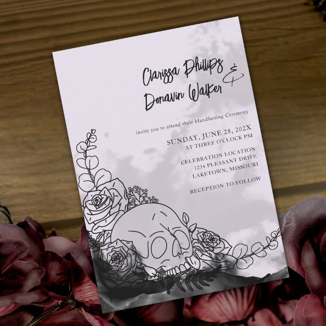 Invitation Gothique Noir & Lavande Crâne Roses à la main (Créateur téléchargé)