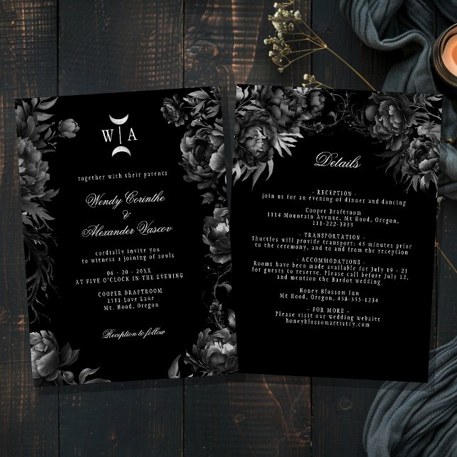 Invitation Gothique Noir Monogramme Moon Crest Détails du Mar (Créateur téléchargé)