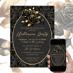 Invitation Gothique noir or rose damask élégant Halloween