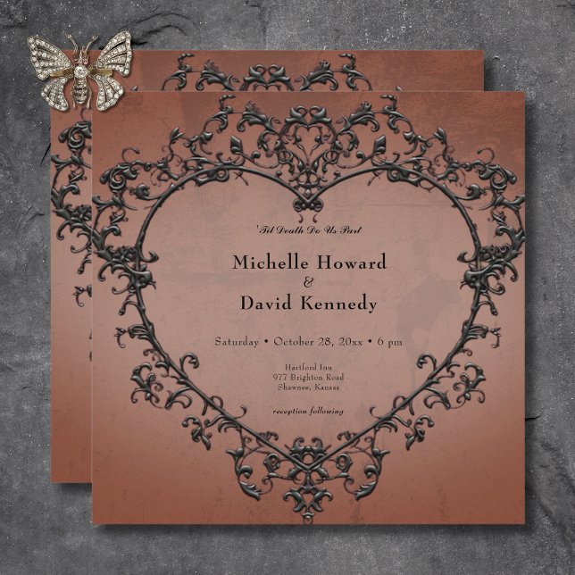 Invitation Gothique Noir & Rust Filigree Mariage de coeur (Gothic Black & Rust Filigree Heart Wedding Invitation)