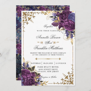 Invitation Gothique Ornate foncé violet Floral Mariage or