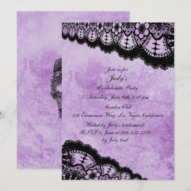Invitation Gothique Purple Grunge Black Lace Bachelorette Par (Devant / Derrière)