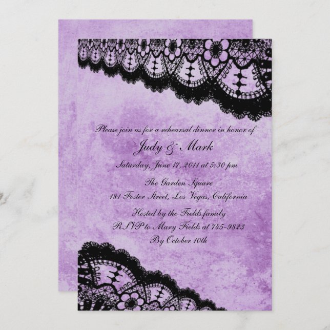 Invitation Gothique Purple Grunge Black Lace Dîner de répétit (Devant / Derrière)