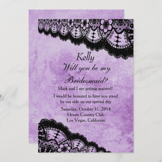 Invitation Gothique Purple Grunge Black Lace Mariage Bridesma (Devant / Derrière)