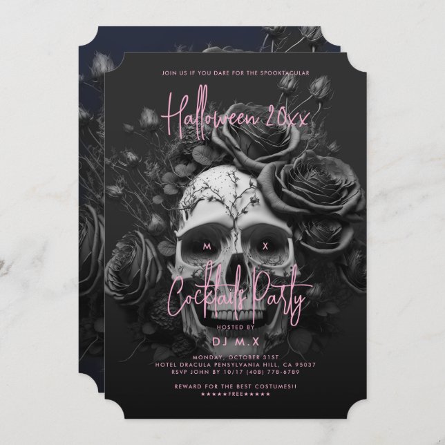 Invitation Gothique Rétro Adulte Halloween Party Crâne rose (Devant / Derrière)