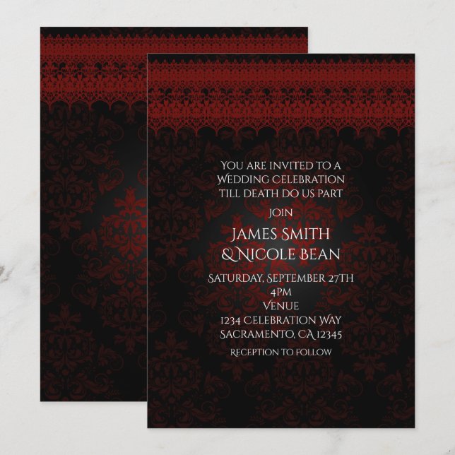 Invitation gothique romantique en damas rouge noir (Devant / Derrière)