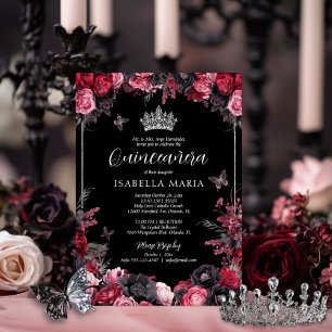 Invitation Gothique rose rouge et noir Moody Florals Quinceañ