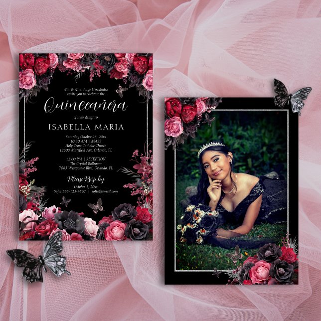 Invitation Gothique rose rouge et noir Moody Florals Quinceañ (Gothic quinceañera invitation with butterflies and red, pink and black moody florals.)