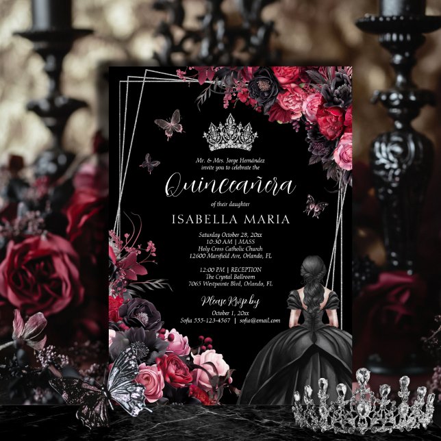Invitation Gothique rose rouge et noir Moody Florals Quinceañ (Gothic quinceañera invitation with tiara, princess dress and pink, black and red florals.)
