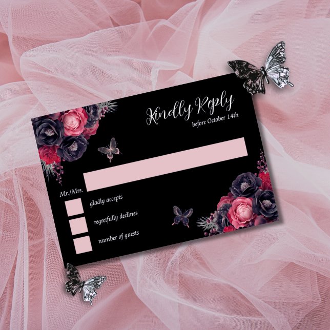 Invitation Gothique rose rouge et noir Moody Quinceañera RSVP (Gothic RSVP card for quinceañera in red, pink and black moody florals with butterflies.)
