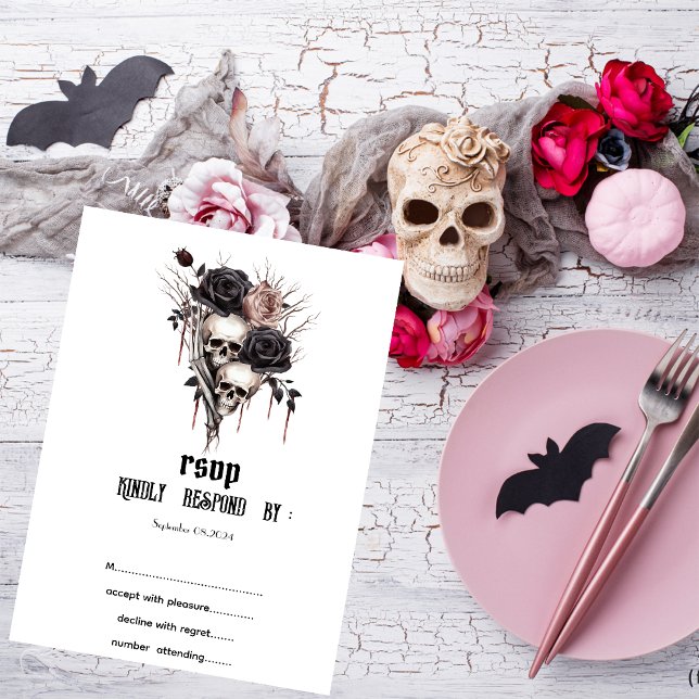 Invitation Gothique Roses Noires Crânes RSVP (Créateur téléchargé)