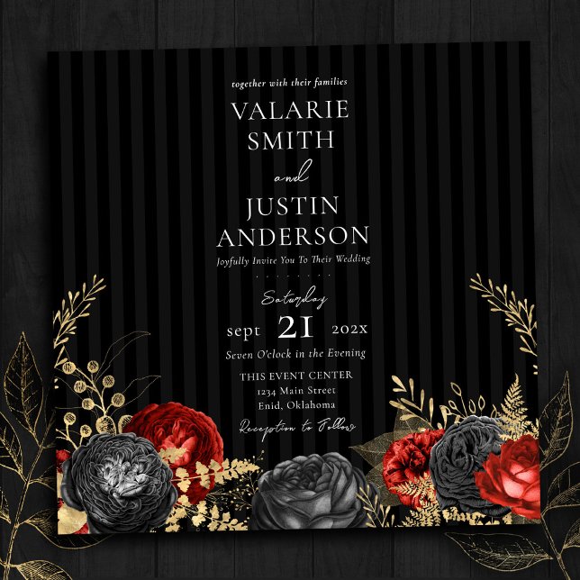 Invitation Gothique rouge et noir Mariage floral tout en un v (Créateur téléchargé)