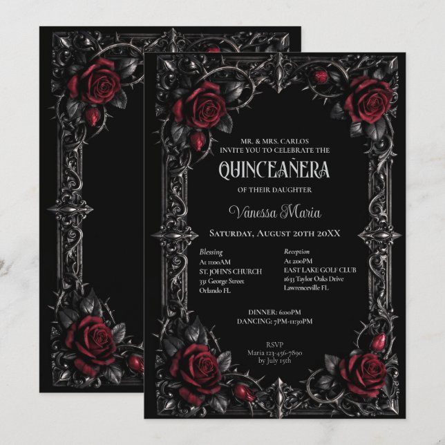 Invitation gothique rouge florale pour Quinceanera (Devant / Derrière)