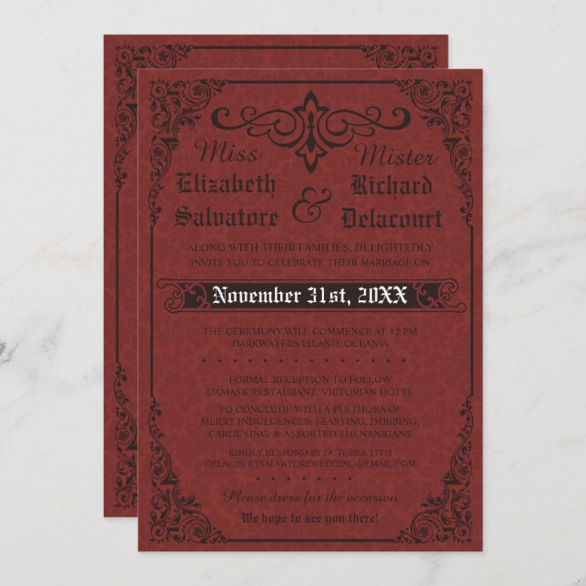Invitation gothique rouge Mariage damassé victorie (Devant / Derrière)