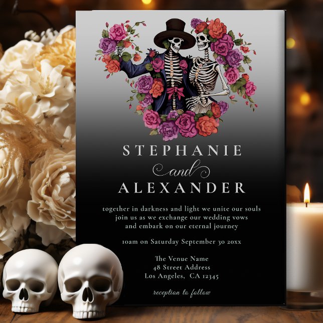 Invitation Gothique Skeleton Couple Black Flower Mariage (Créateur téléchargé)