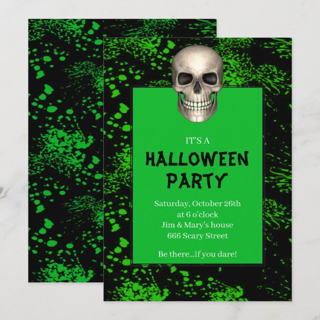 Invitation Gothique Skull Green Splatz Halloween Party (Devant / Derrière)