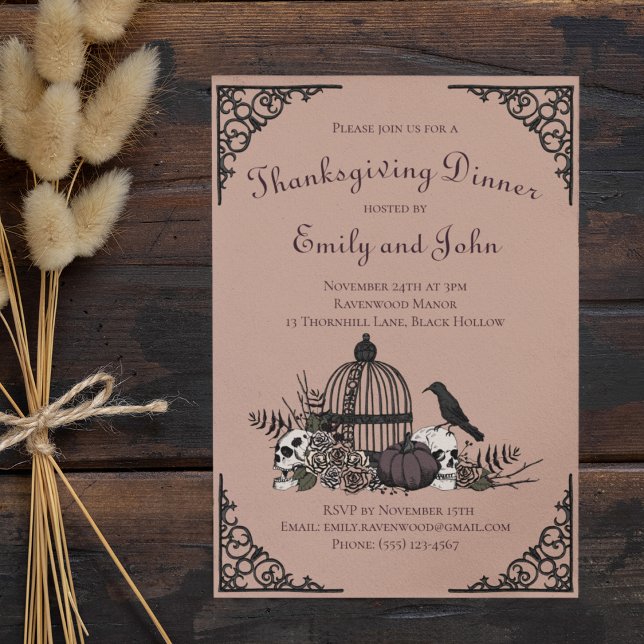 Invitation Gothique Thanksgiving Diner Skuls, Citrouille, Cor (Gothic Thanksgiving Dinner Vintage Rose Invite. Hand-Drawn Skulls Roses Birdcage Pumpkin Fall Leaves)