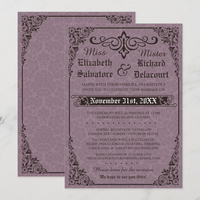 Invitation gothique victorienne Mariage damassé (Devant / Derrière)