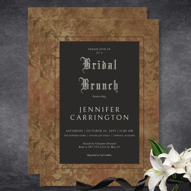 Invitation Gothique Vintage Brown Damas Soie Bridal Brunch (Gothic Vintage Brown Damask Silk Bridal Brunch Invitation)
