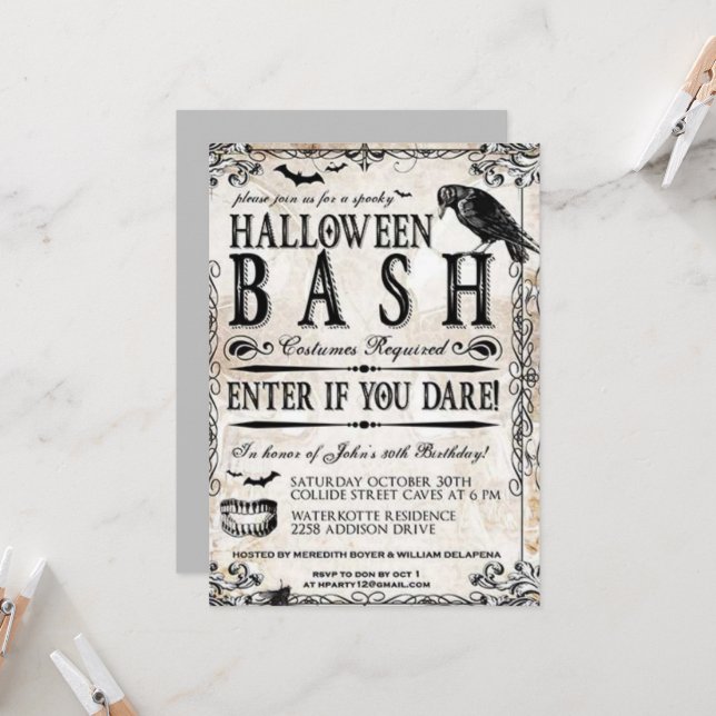 Invitation Gothique Vintage Halloween fête d'anniversaire (Devant/Arrière en situation)
