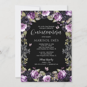 Invitation Gothique violet et noir Moody Florals Quinceañera
