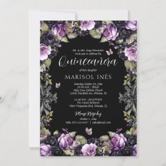 Invitation Gothique violet et noir Moody Florals Quinceañera