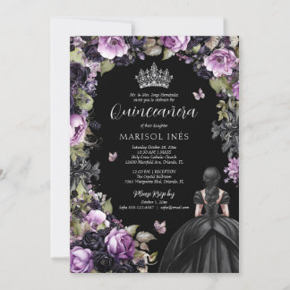 Invitation Gothique violet et noir Moody Florals Quinceañera