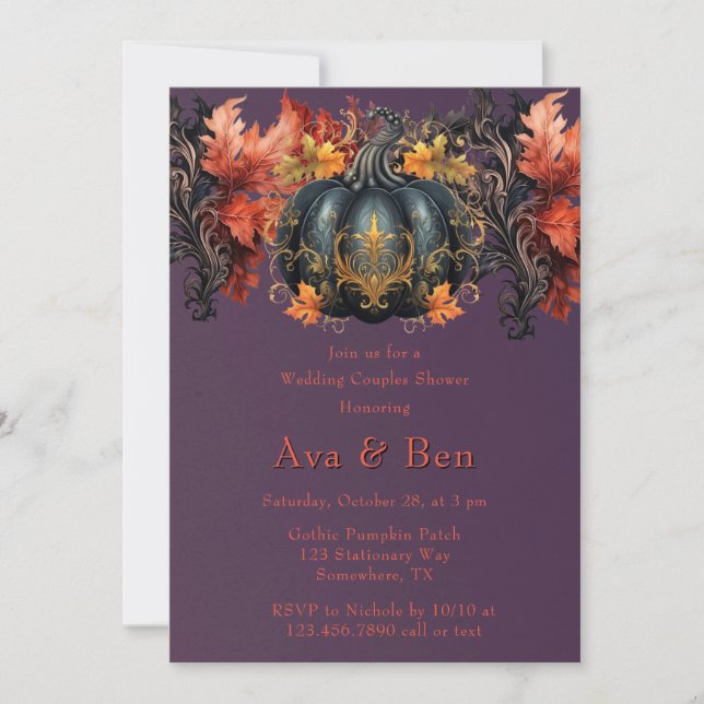 Invitation Gothique violet noir Citrouille Mariage Couples Do (Devant)