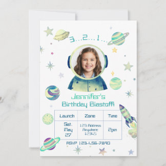 Invitation Gouache Espace Décollage d'anniversaire avec photo
