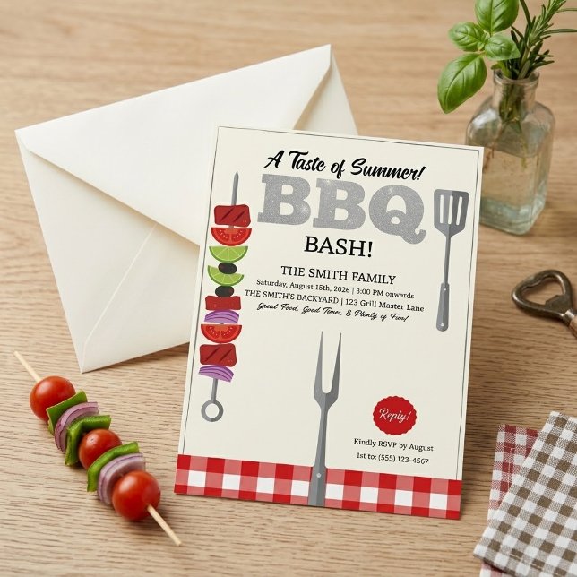 Invitation Goût de l'été BBQ Bash Carreaux Gingham Rouge (Créateur téléchargé)