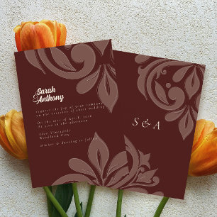 Invitation Goût Élégant Mariage Damassé Rouge Acajou
