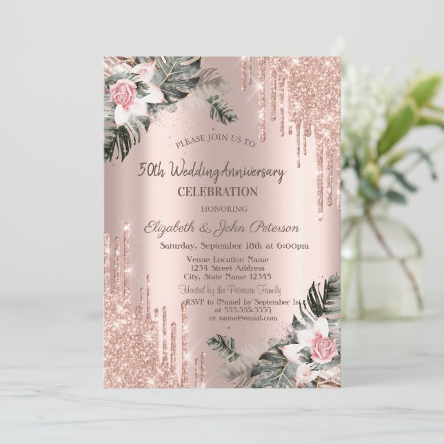 Invitation Gouttes, Branches de palmier, Roses Anniversaire d (Debout devant)