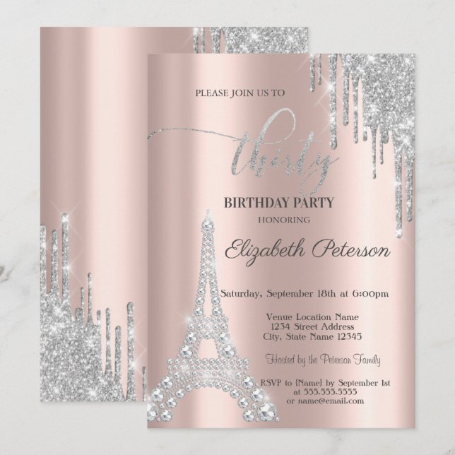 Invitation Gouttes d'Argent, Diamants Tour Eiffel 30e Anniver (Devant / Derrière)