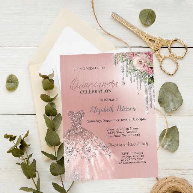 Invitation Gouttes d'argent,Fleurs de robe Quinceanera rose  (Créateur téléchargé)